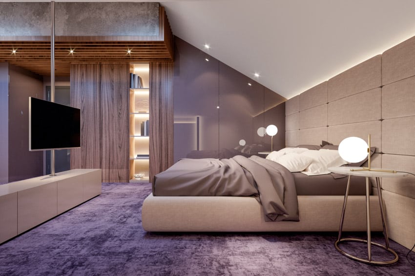 Modern bedroom tv lamp purple floor headboard
