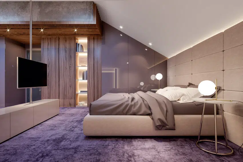Modern bedroom tv lamp purple floor headboard