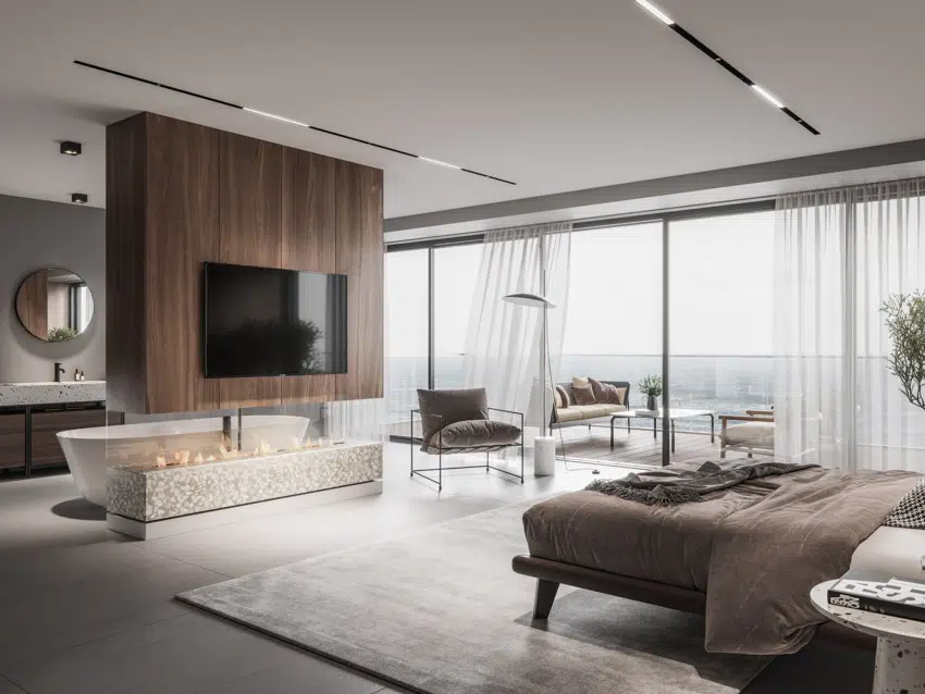 modern mansion master bedroom with tv