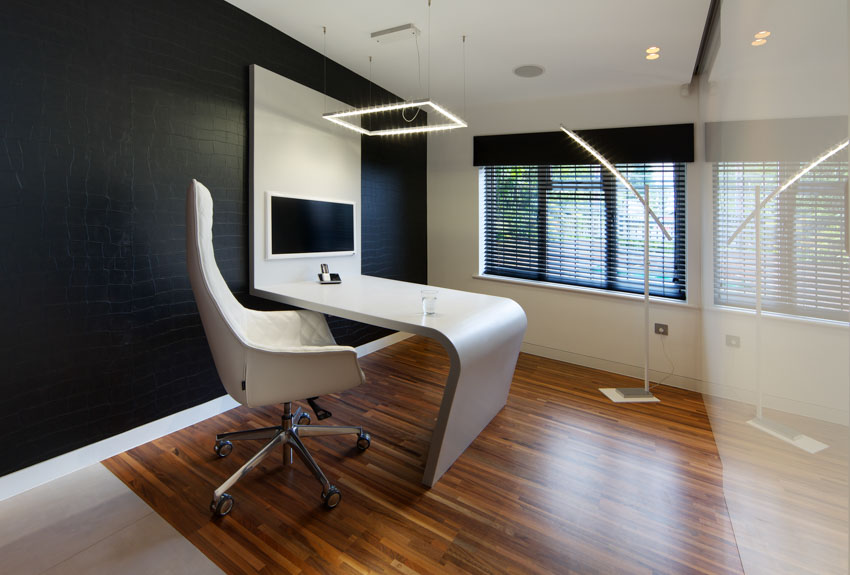 Modern home office table chair LED light wood flooring black wall