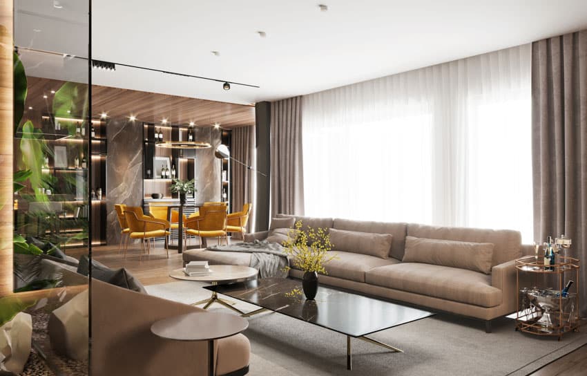 Modern living room blackout sheer curtain sofa glass coffee table rug