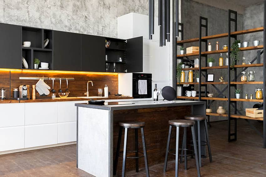 Modern loft kitchen with white black cabinets butcher block backsplash countertops