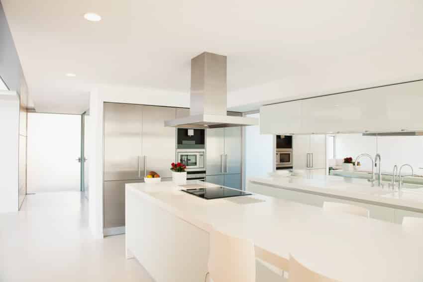 Modern white kitchen with nanoglass for islands and counters