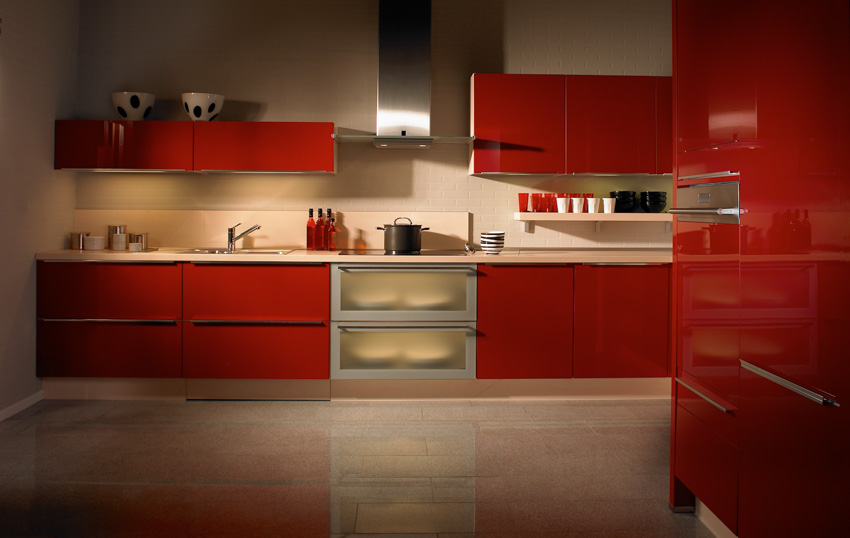 Modular kitchen red cabinets backsplash good countertop ceramic floor