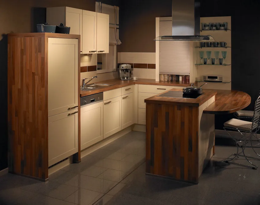 Modular kitchen wood cabinets center island hood tile flooring