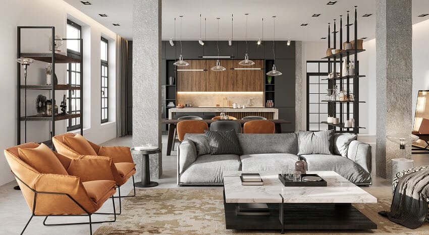 Open space loft interior with large living room with marble coffee table and grey sofa dining room with pendant lights and two concrete columns