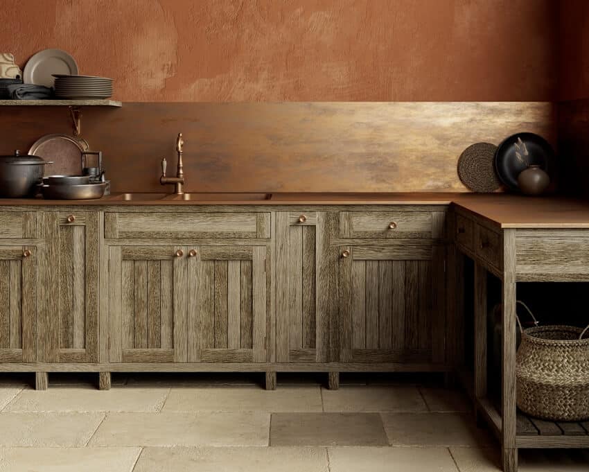 Orange brown kitchen interior with copper sink decors and brass countertop