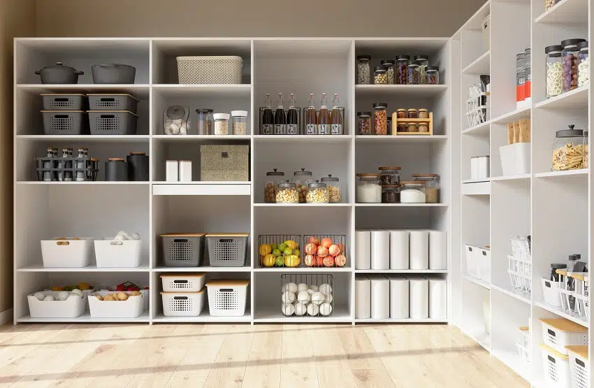 Organised pantry items in storage room with wood floors and white pantry organizer