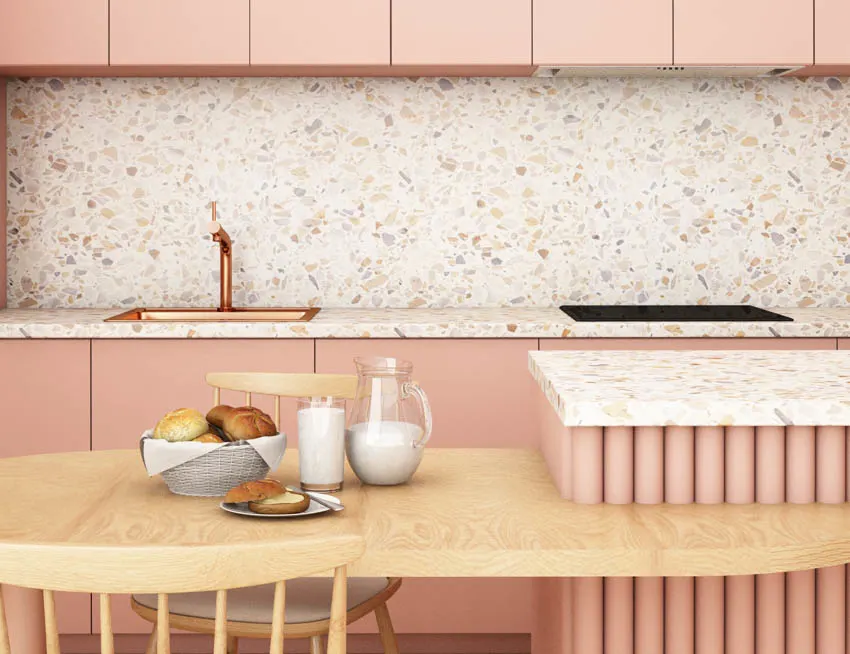 Oyster shell countertop backsplash pink kitchen cabinet copper sink and faucet dining table chair center island