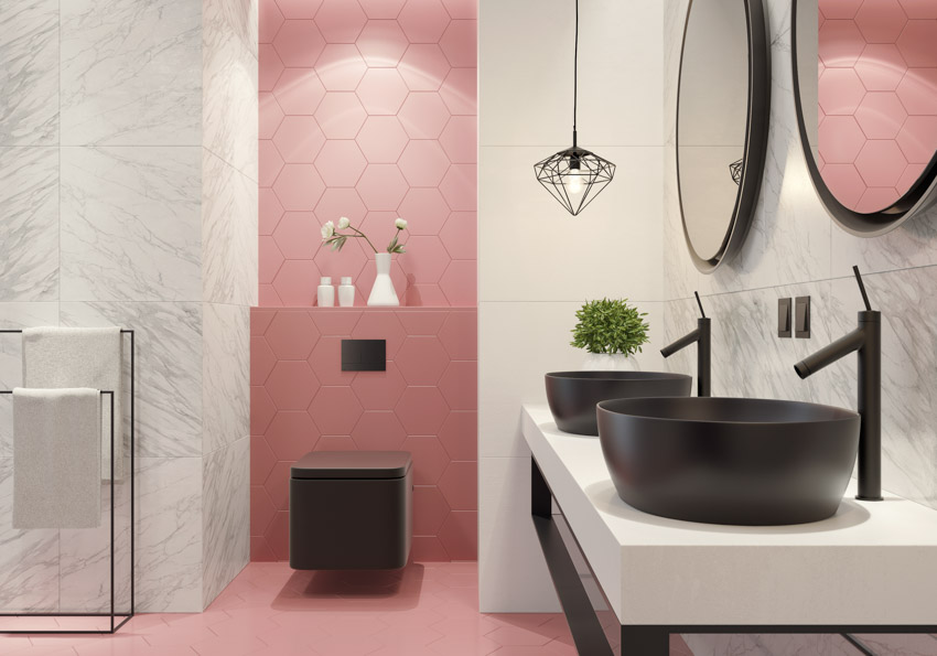 Pink wall bathroom with contrasting black coated fixtures