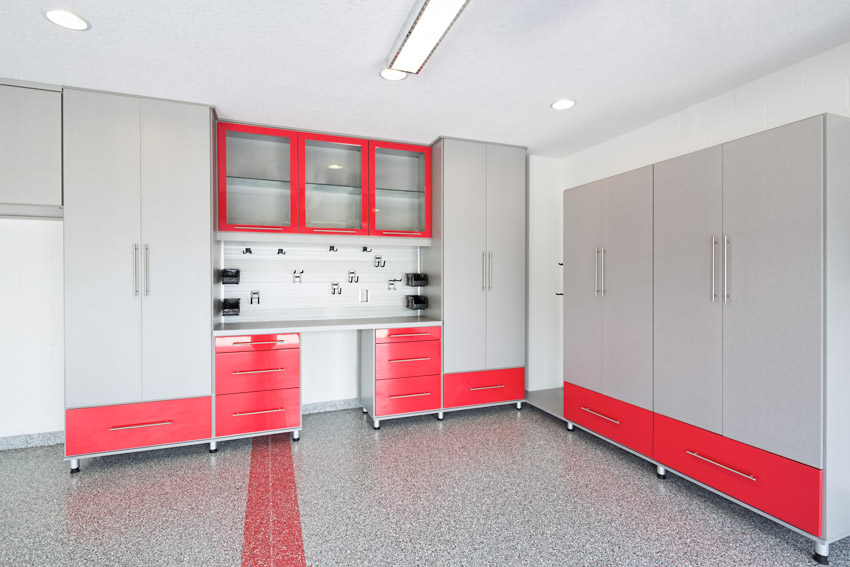 Garage with movable cabinets and work area