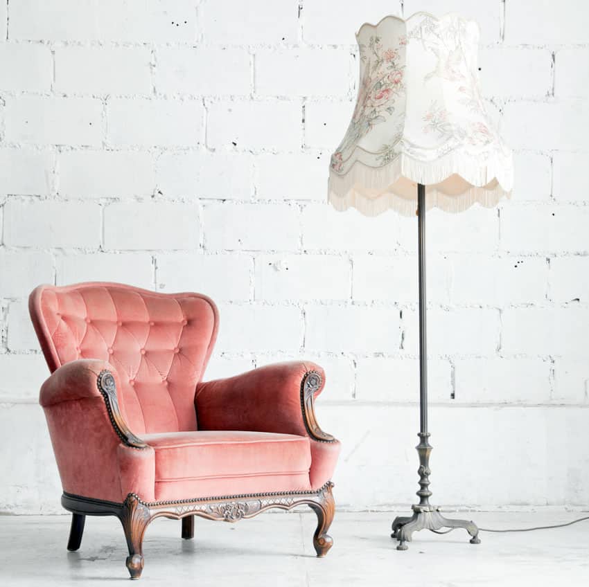 Shabby chic floor lamp vintage chair white wall