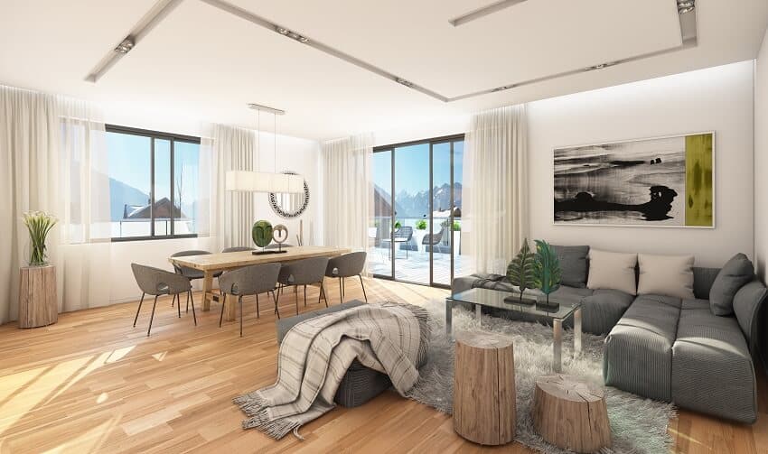 Apartment with wood glass sliding door and a view of the mountains