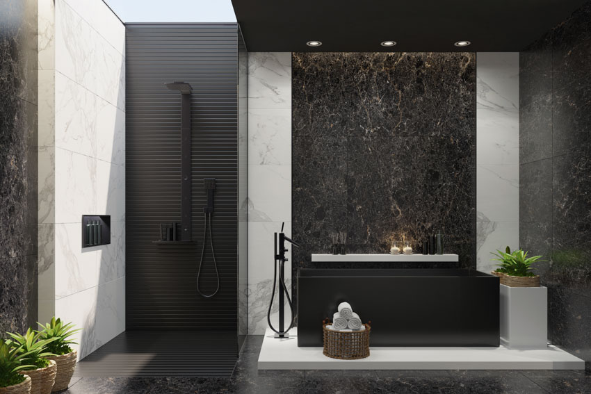 Spacious bathroom, black textured shower, tub, skylight and accent wall