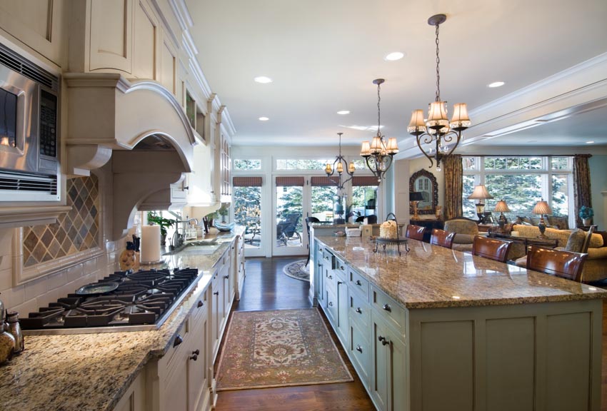 Spacious kitchen with countertop center island hanging lights white cabinets windows