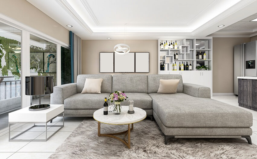 Spacious room with sofa tea table, decorative painting, black lampshade, tile flooring and white ceiling 