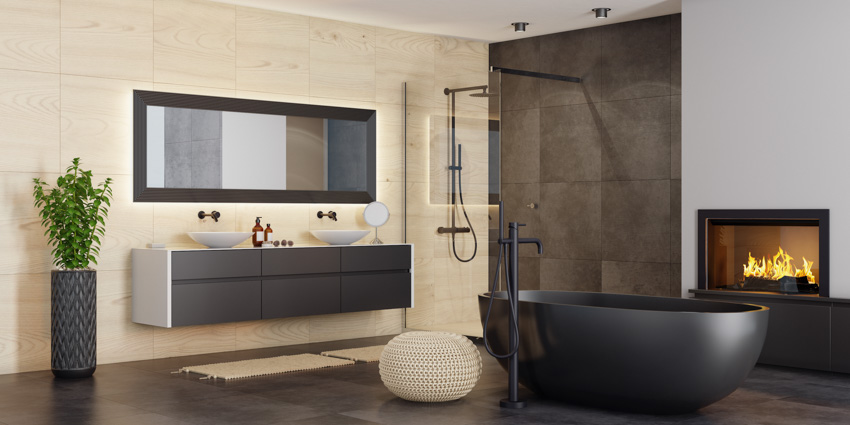 Spacious open concept bathroom matte black tub mirror fireplace accent wall shower