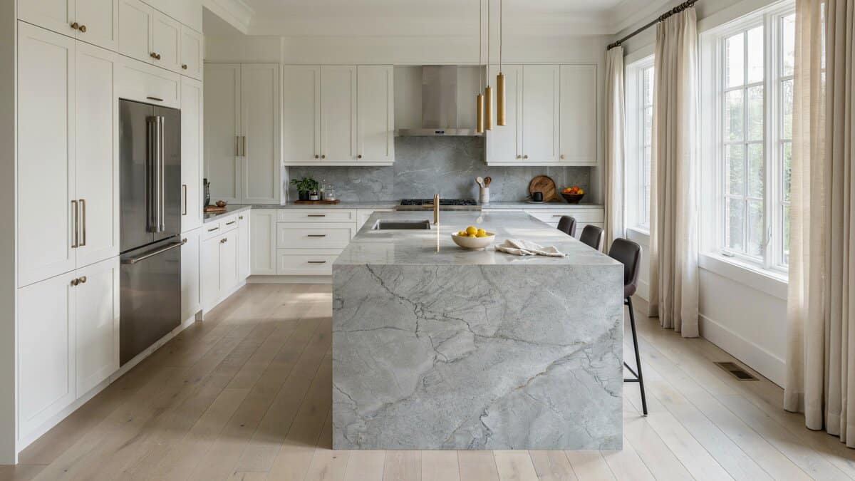Luxury kitchen island in light gray veined lennon granite beside white cabinets