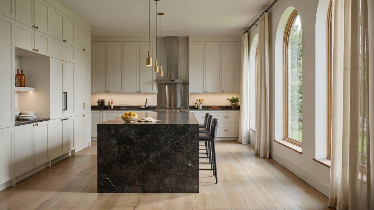 Dark charcoal metallica granite island flecked with silver against bright white cabinetry