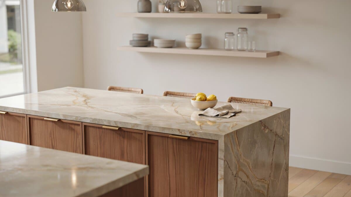 Cream and gold swirled juparana persia granite island with walnut base cabinets
