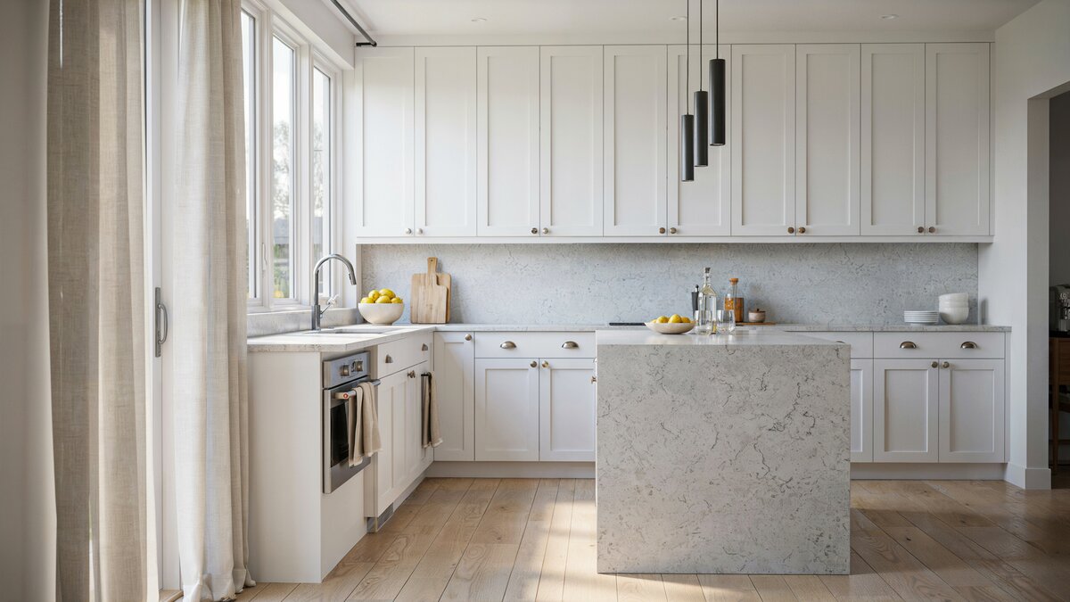 Crisp white blizzard granite countertop with subtle gray flecks in white kitchen