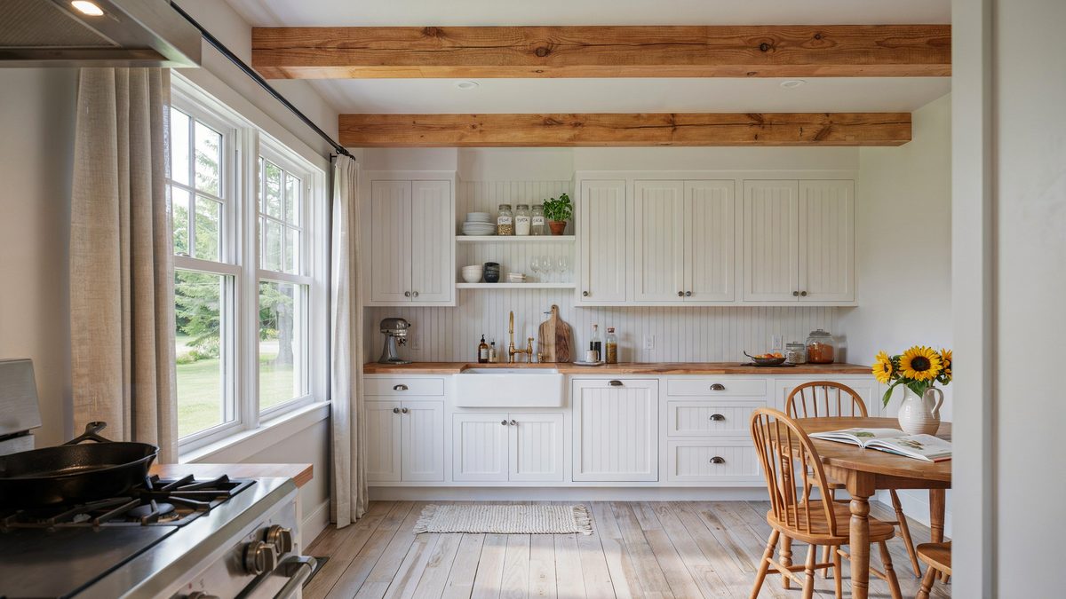 Beadboard cabinets and butcher block counter beneath a rustic exposed wood beam