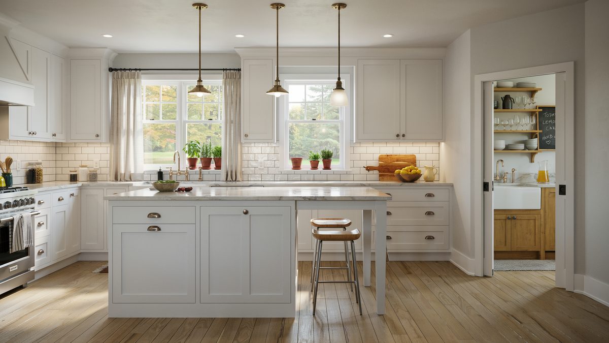 Shaker cabinets with glass pendant lights and a bright butler pantry doorway