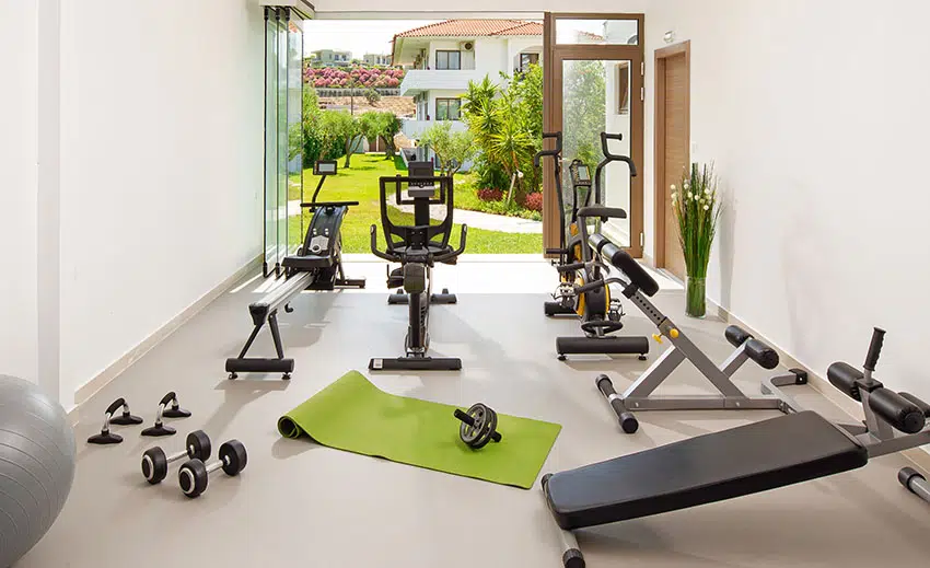 Home gym with folding glass door