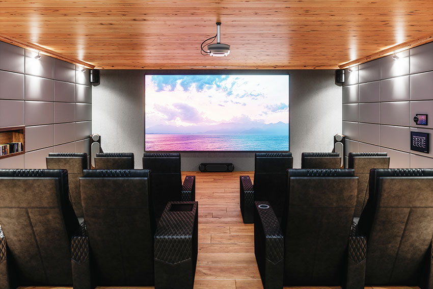 Home theater with wooden ceiling wooden floor