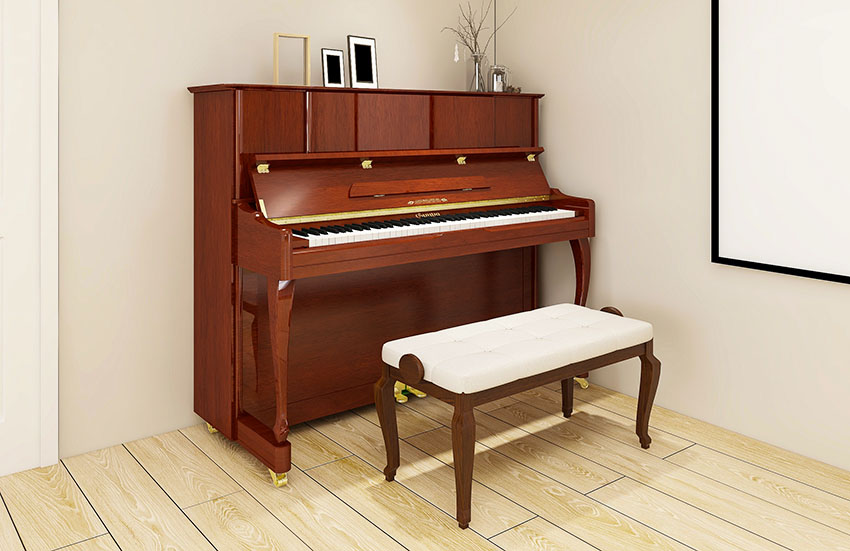 Brown piano with white bench