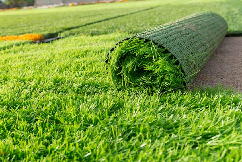 Artificial turf for dogs rolled on outdoor space 