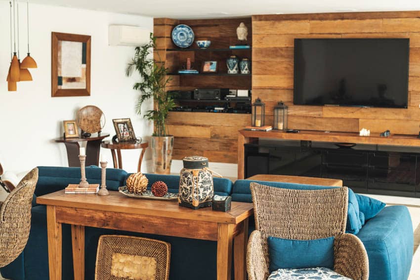Barnwood living room with blue sofa, appliances, white wall, shelves, and indoor plant