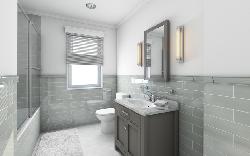 Bathroom with gray subway tile walls