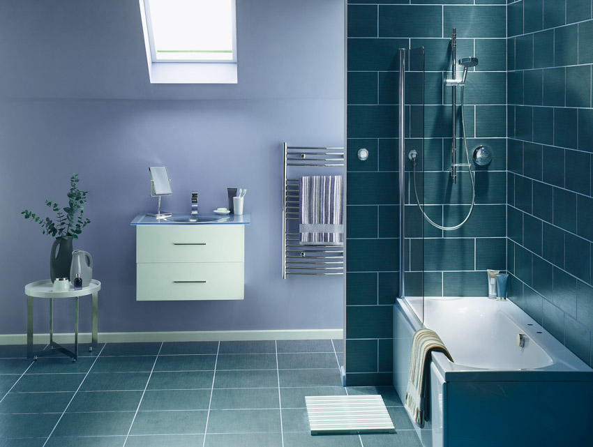 Bathroom with blue green tiles