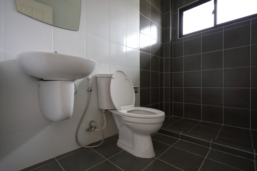 Bathroom with toilet, bidet, sink, black and white tiles