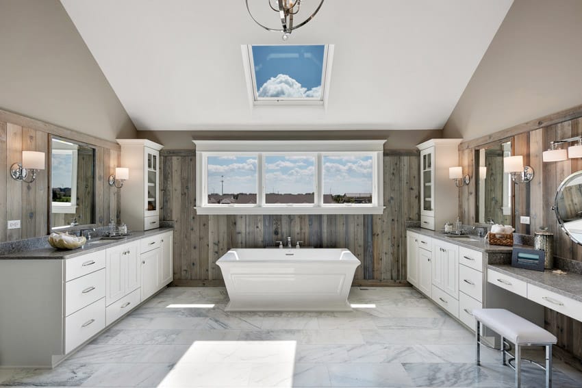 Bathroom with skylights and white vanity table