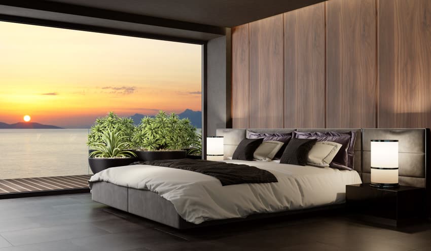 Room with earth color elements with stunning view of the sunset