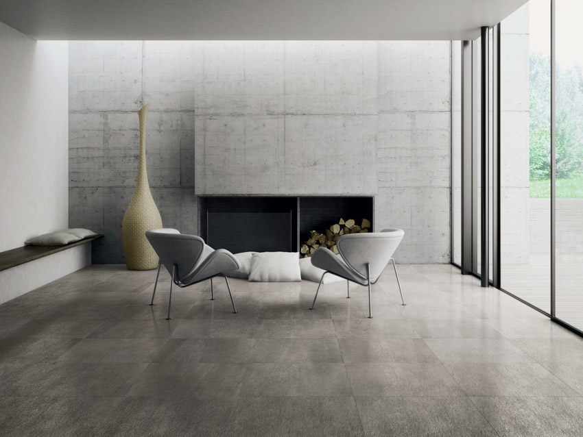 Beautiful modern living room rectified tile floor concrete accent wall glass windows chairs