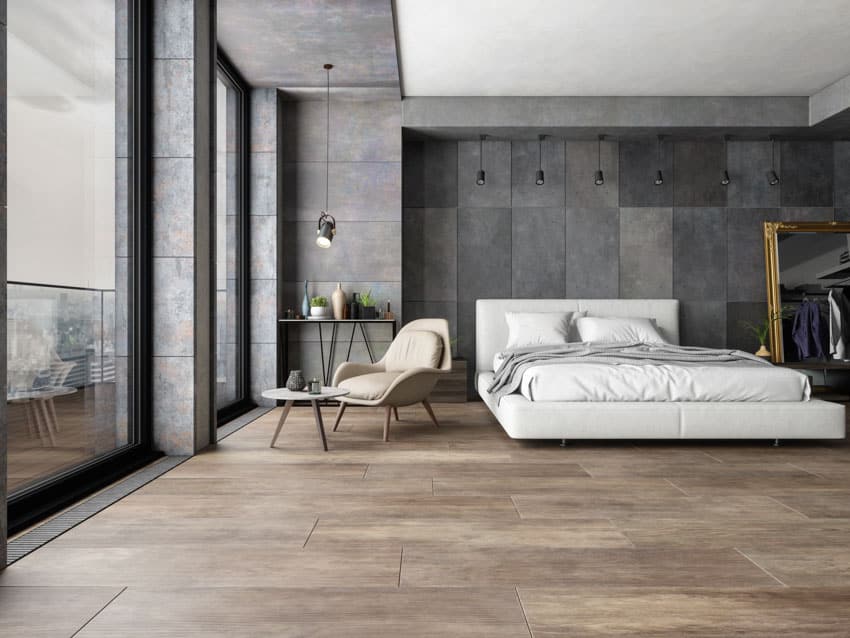 Modern bedroom with luxury vinyl tiles floor