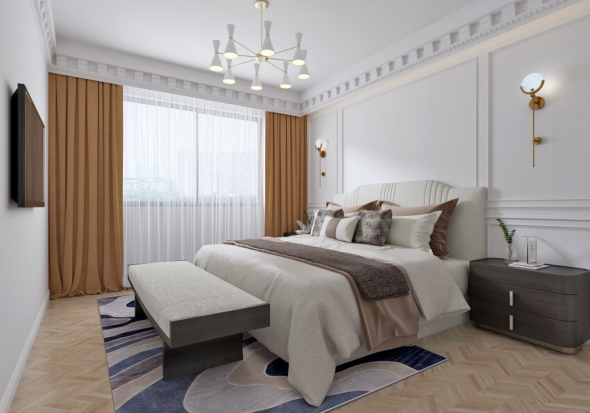 Bedroom with parquet floor, lighting fixtures, bed, bedroom bench and brown curtains