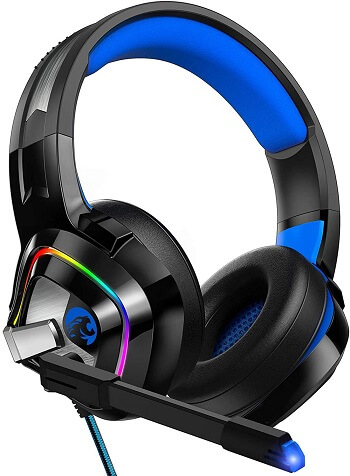 Black and blue headset with over-ear headphones noise canceling mic and RGB light