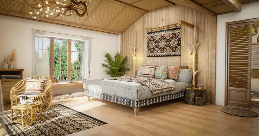 Boho inspired bedroom with wall panelling, wall rug and louver style door