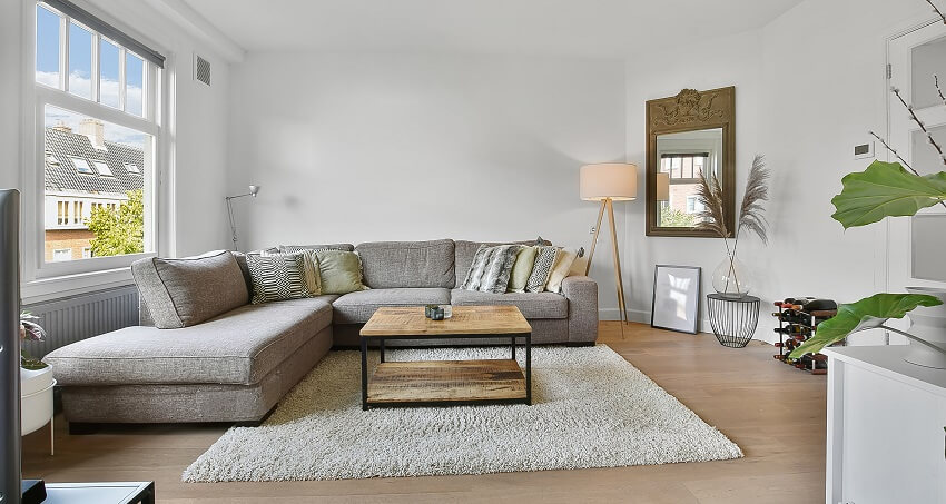 Room with floor lamp, grey sectional, mirror and rug