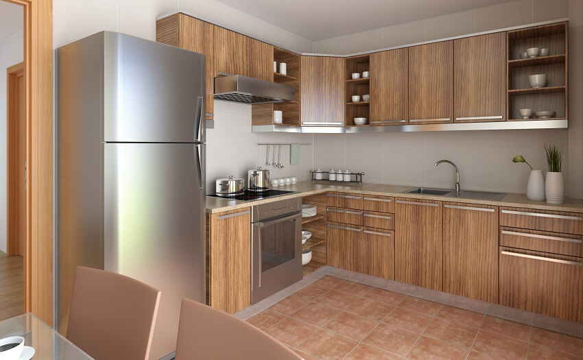 Open layout space with grey backsplash, cabinets brown ceramic tile and range hood