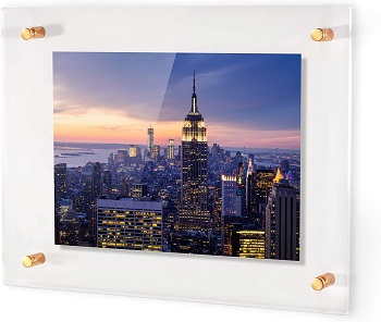 Floating acrylic picture frame with gold standoff wall mount hardware