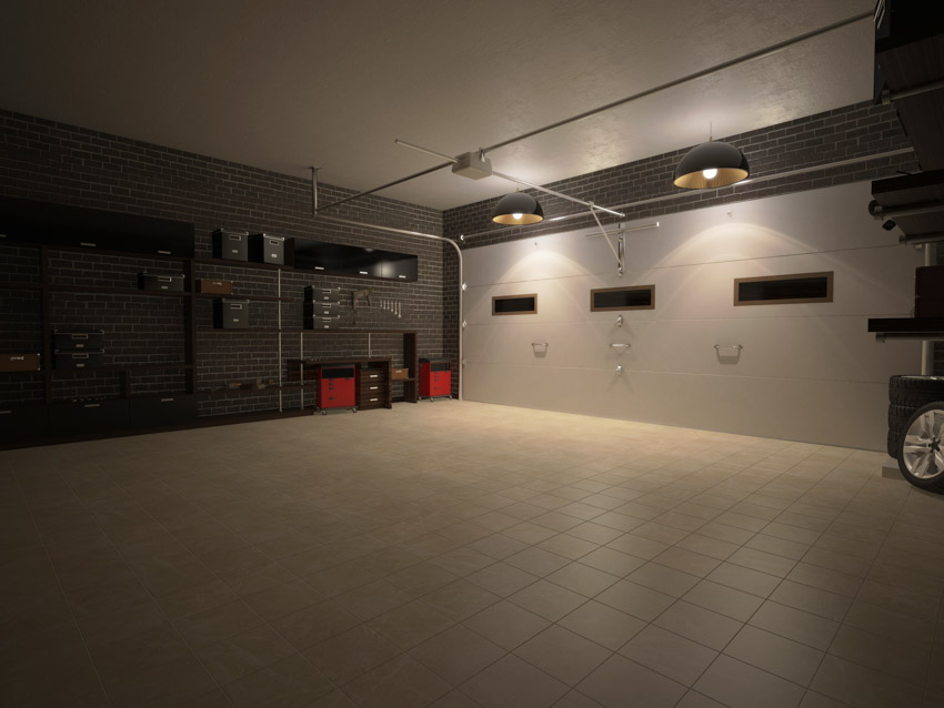 Garage lighting fixtures on ceiling, door, porcelain tile floors, shelves, and cabinets