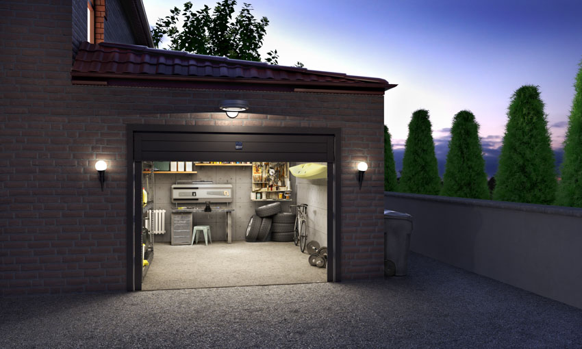 Open garage with exterior lights