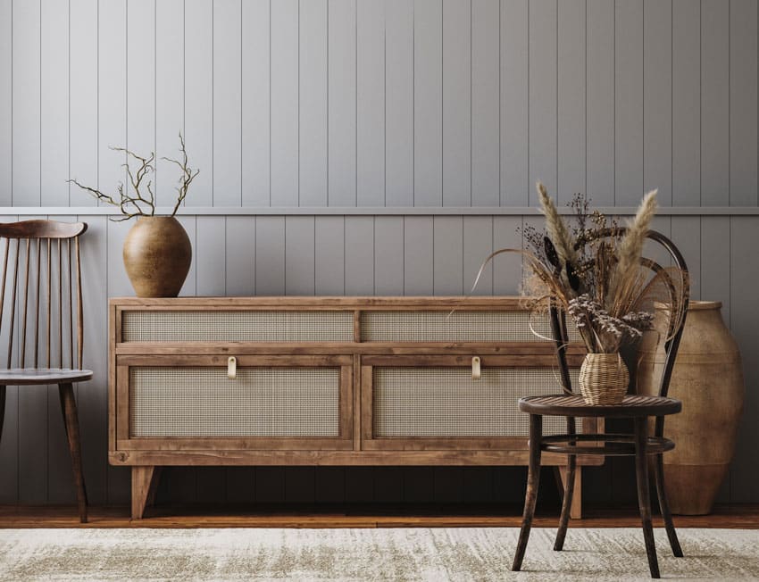 Gray farmhouse wall interior with a drawer