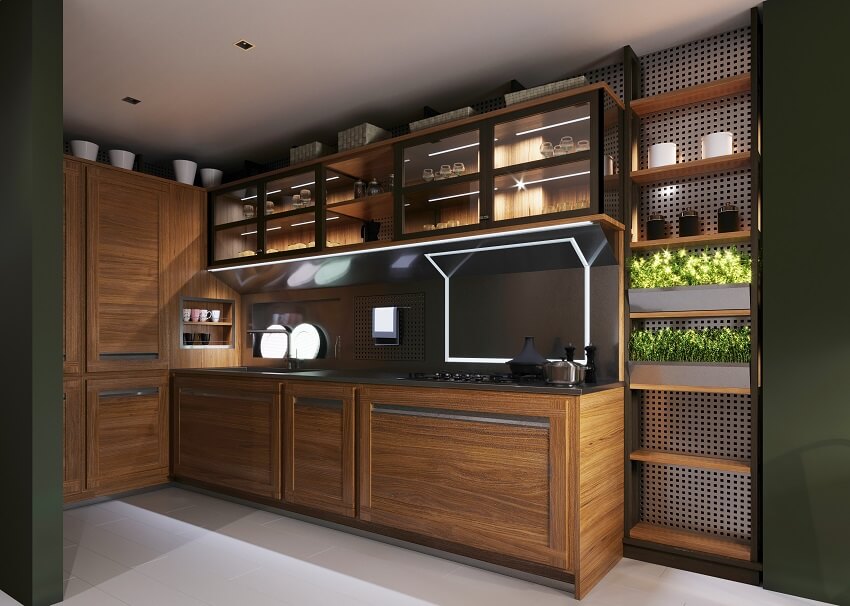 Kitchen with dark green walls, matte backsplash and shelves with glass front