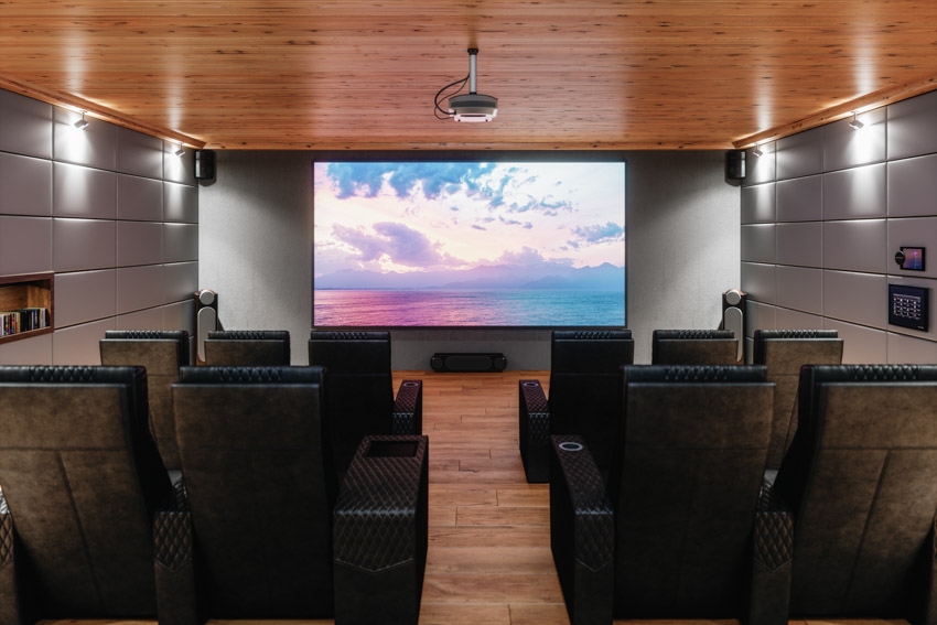 Home theater wood ceiling recliner chairs accent wall